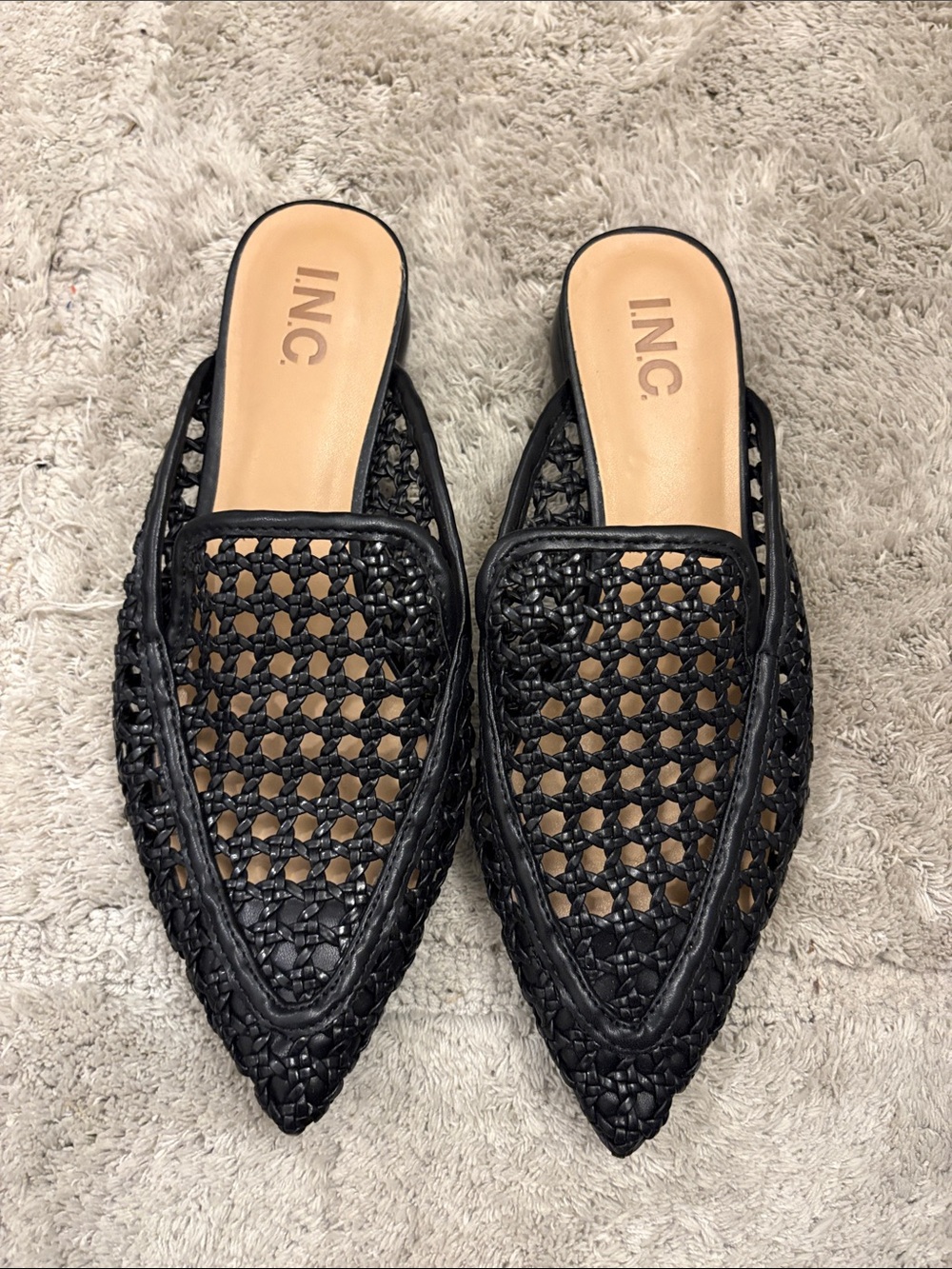 INC International Concepts Black Woven Pointed-Toe Slip-On Flats